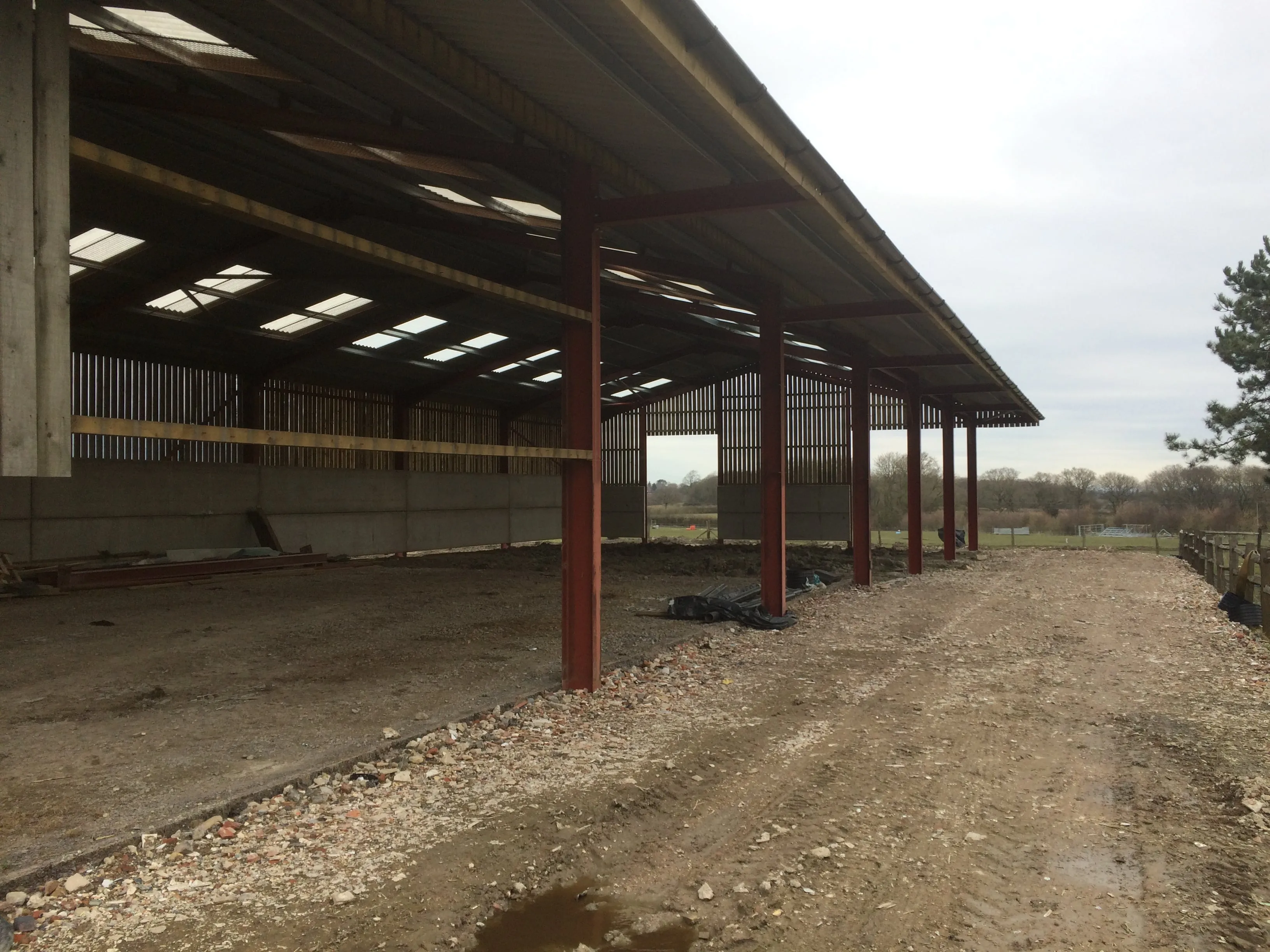Interior of an open-sided steel-framed barn with red painted stanchions and roof lights
